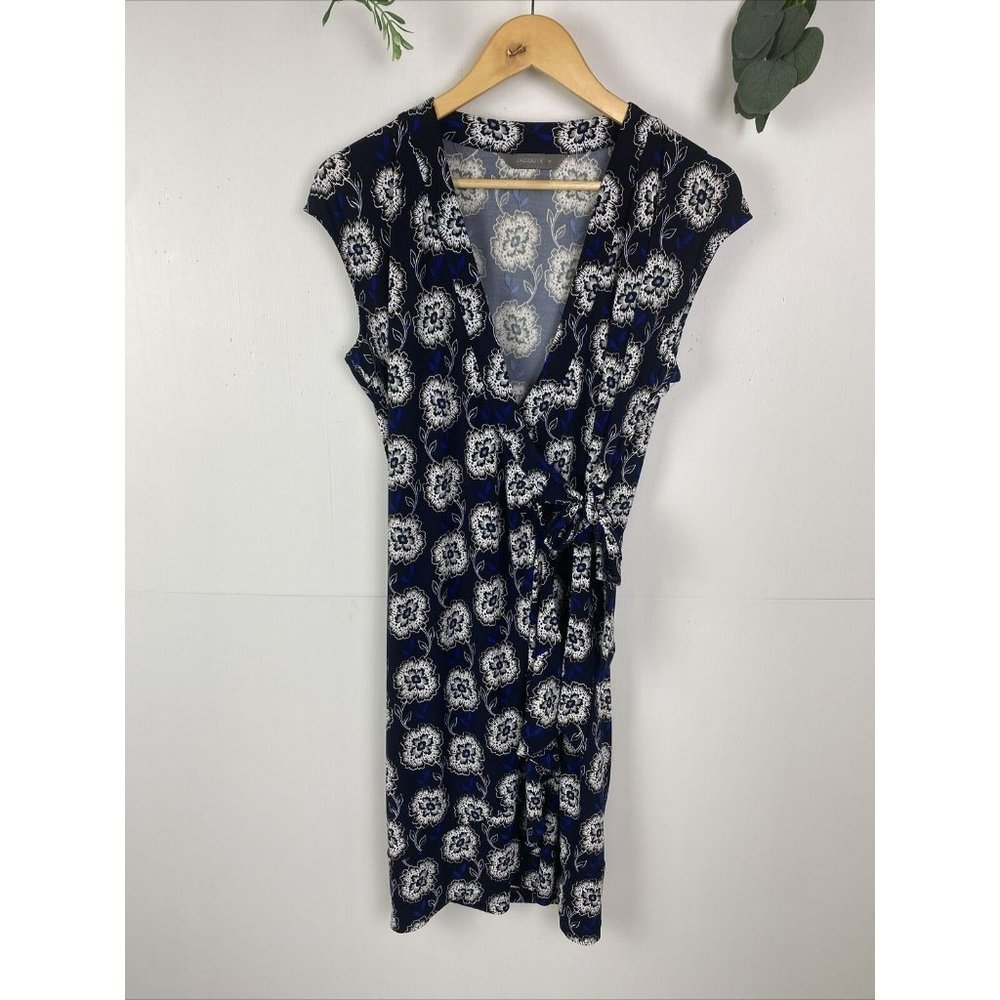 Jacqui E Size M Women's Wrap Dress Blue Floral Sleeveless - Picture 1 of 7